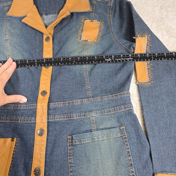 Vintage Fubu The Collection Denim jacket XL Tan Faux Leather Patchwork Jean‎ - Picture 5 of 13